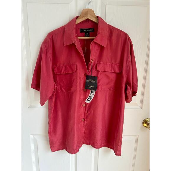 Vintage Deadstock Salmon Washable Silk Short Sleeve Button Down Blouse Sz M - Picture 2 of 8